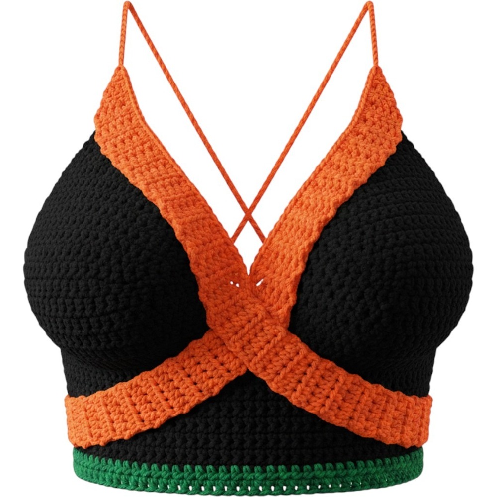 Crochet Crop Top Women S Black Orange Hand Knit Lace Up Festival Boho Jamaica